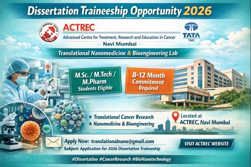 "Recruitment Flyer for Dissertation Traineeship Opportunity 2026 at TNB Lab, ACTREC-Tata Memorial Centre. The notice calls for MSc, MTech, or MPharm candidates for a minimum 8-month commitment in translational cancer research."