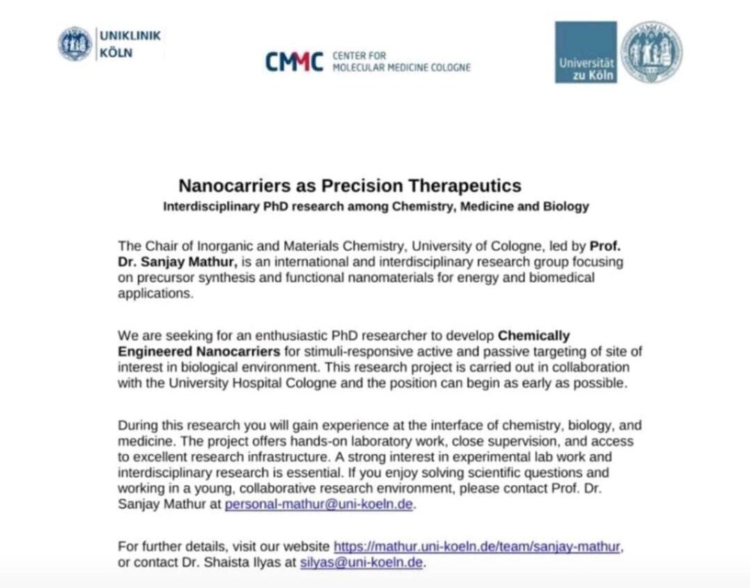 University of Cologne PhD Recruitment Flyer for Nanocarriers as Precision Therapeutics Project with chemical structure illustration
