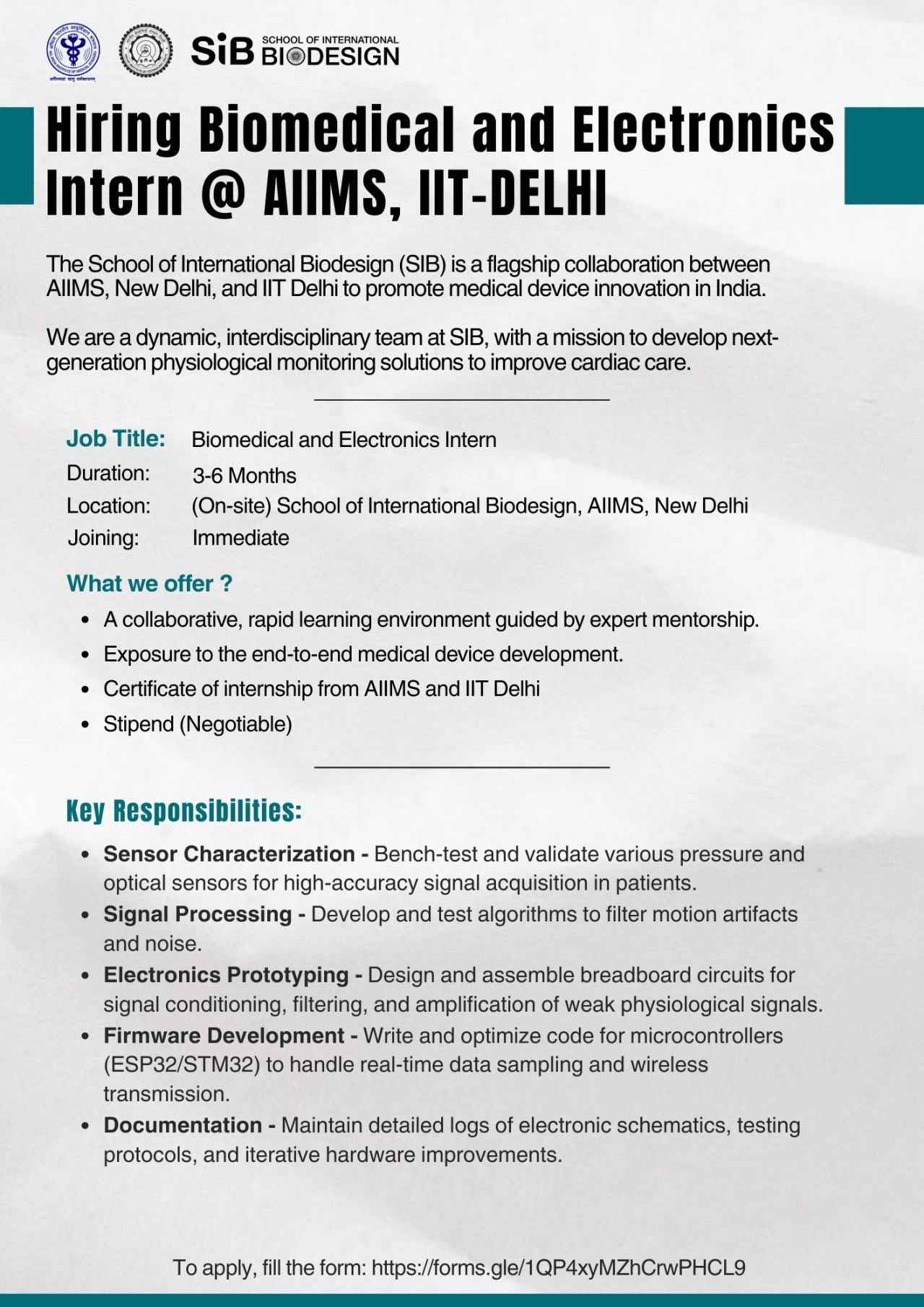 Hiring flyer for Biomedical and Electronics Intern at School of International Biodesign (SIB), AIIMS New Delhi and IIT Delhi