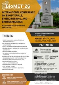Official promotional poster for BioMET 2026 International Conference on Biomaterials and Bioengineering at VIT Vellore showing conference themes and dates