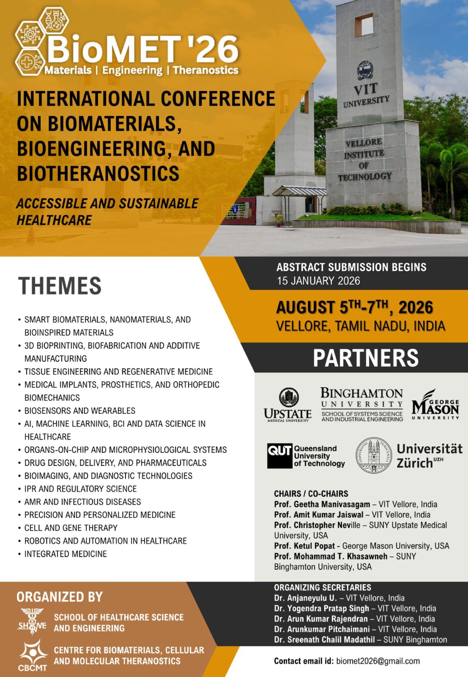 Official promotional poster for BioMET 2026 International Conference on Biomaterials and Bioengineering at VIT Vellore showing conference themes and dates