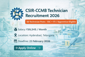 Official Advertisement for CSIR-CCMB Technician Recruitment 2026 showing 50 vacancies and application deadline