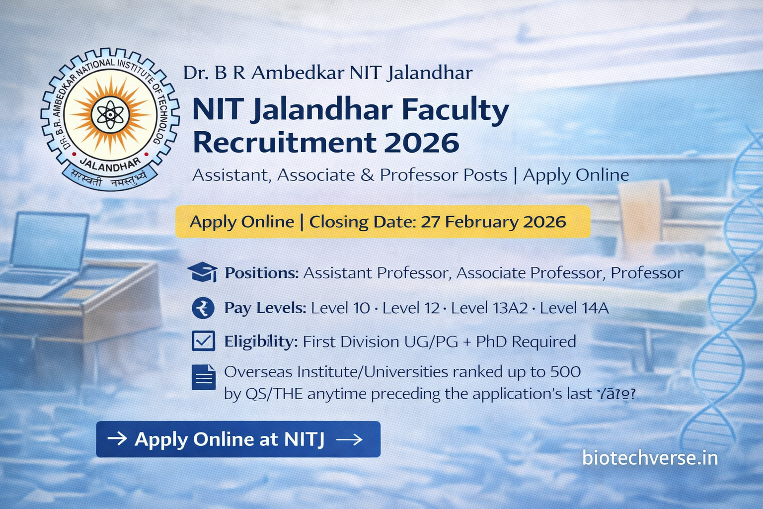 Official notification for NIT Jalandhar Faculty Recruitment 2026 showing vacancies for Assistant Professor, Associate Professor, and Professor posts