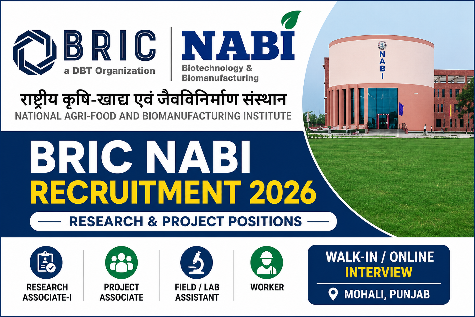 BRIC NABI Mohali Recruitment 2026 Notification for Research Associate and Project Associate