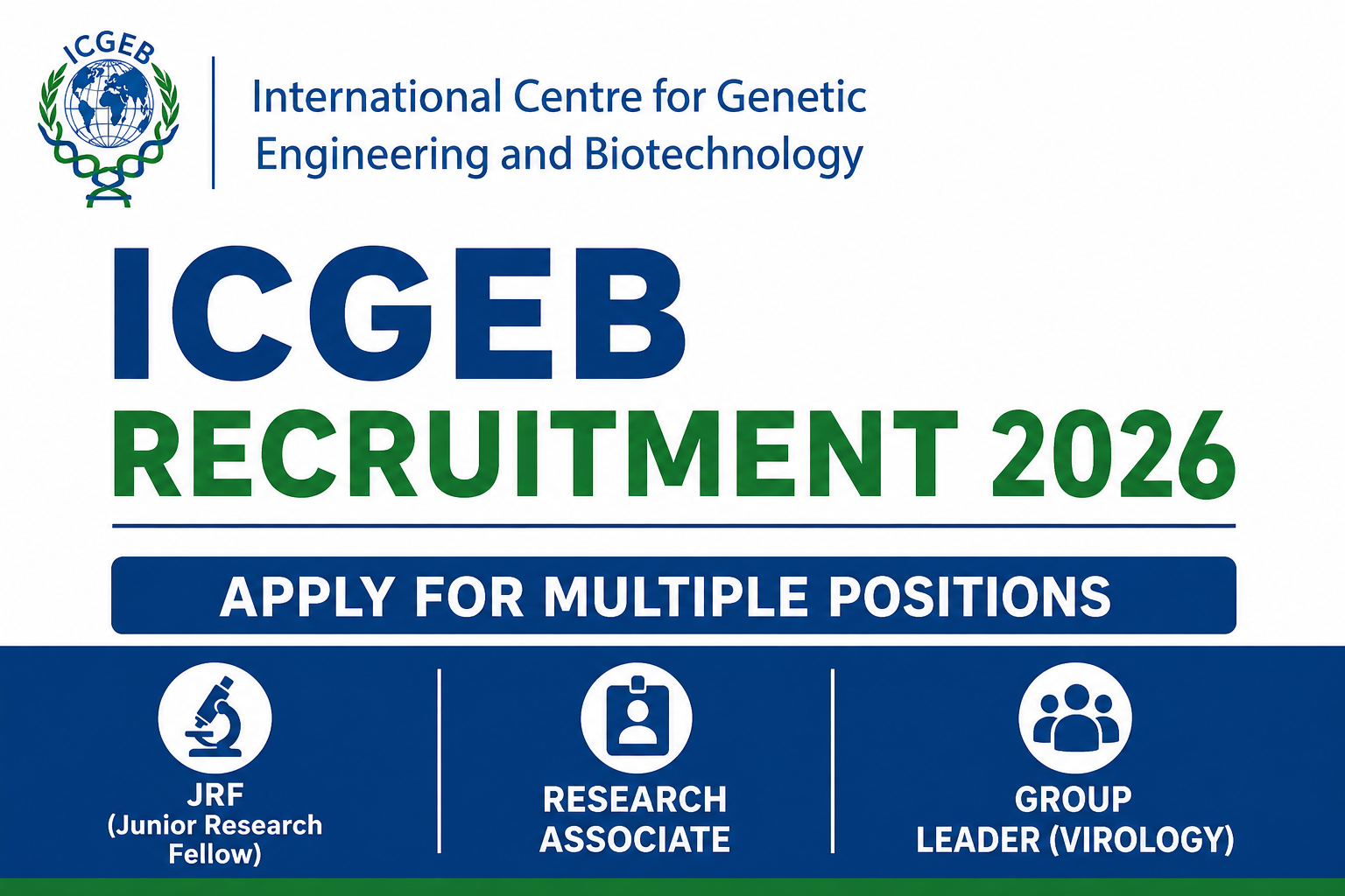 ICGEB Recruitment 2026 for Junior Research Fellow, Research Associate, and Group Leader