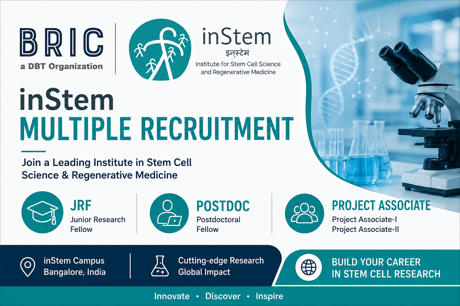 : BRIC inStem Bangalore Recruitment 2026 Notification for JRF, Postdoctoral Fellow, and Project Associate positions